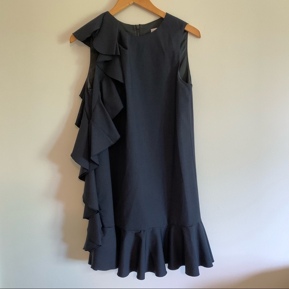 RED Valentino Navy / Black Pattern Ruffle Wool Dress US 6